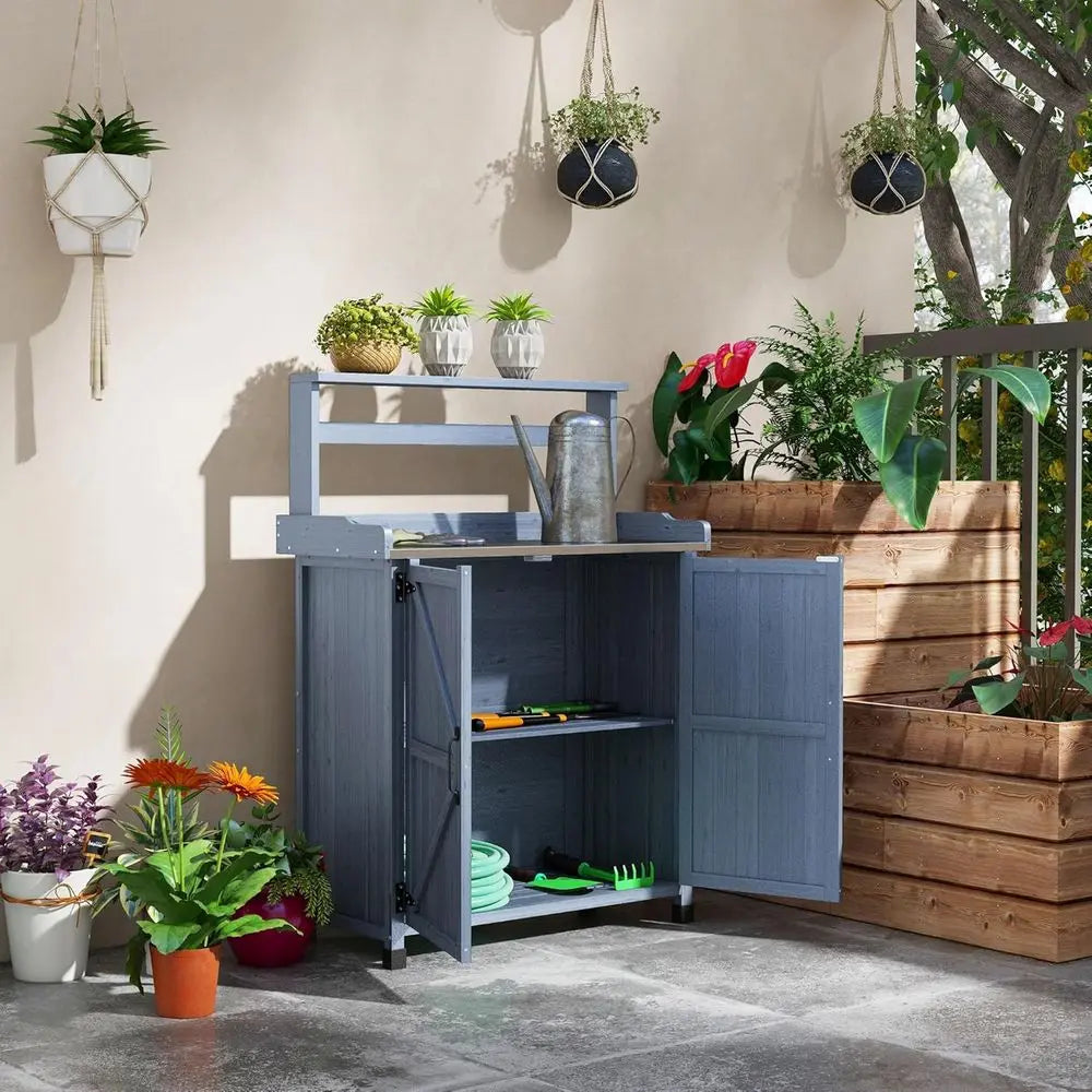 MKDK Outdoor Potting Bench With Storage Galvanized Tabletop