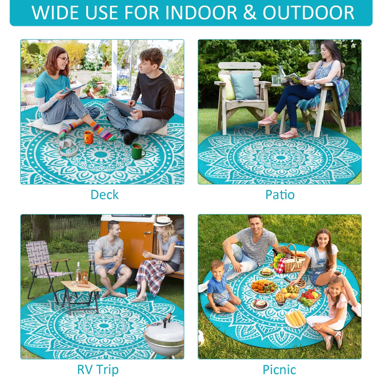 Round Outdoor Reversible Rug Waterproof Portable For Camping