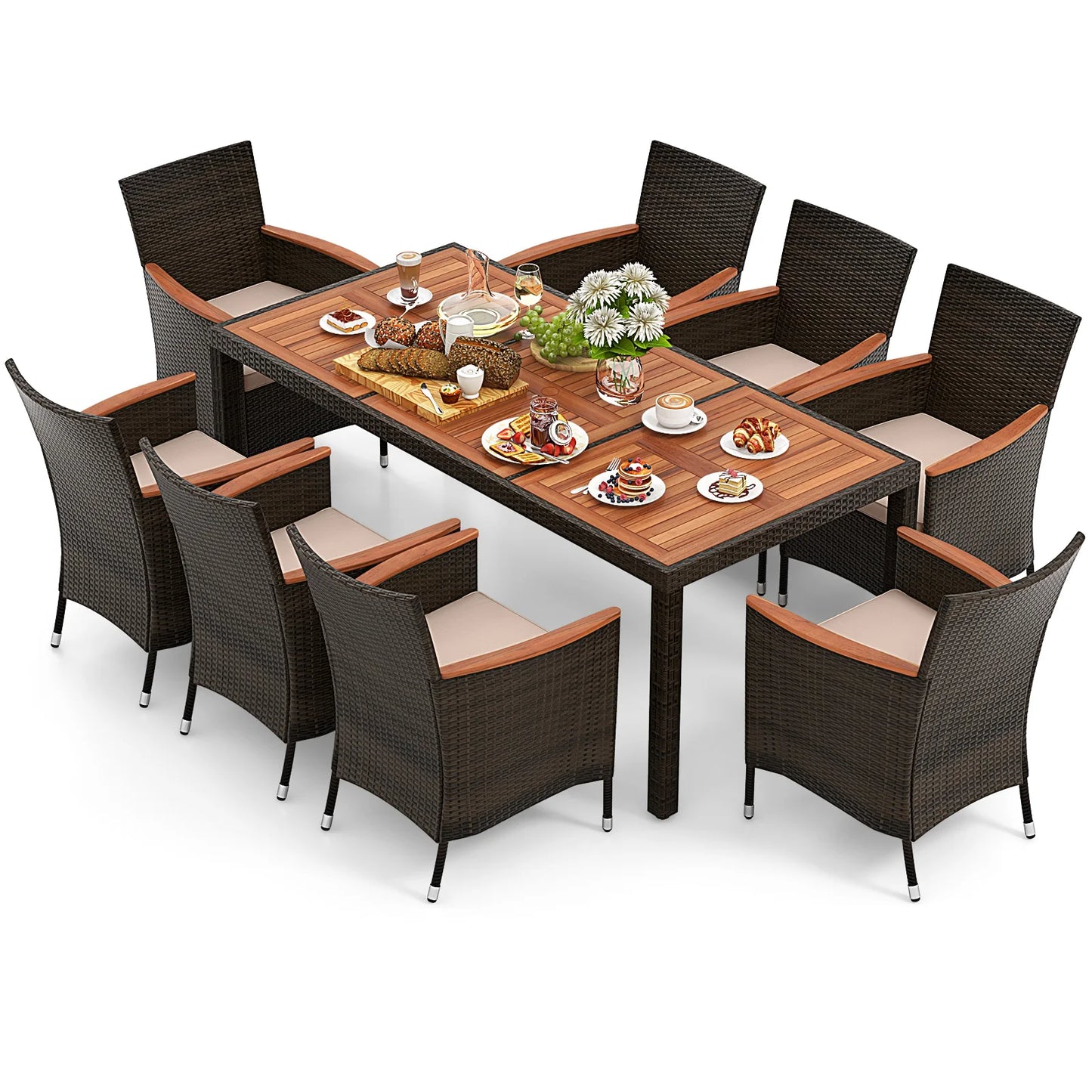 HOMASIS 9Pcs Patio Wicker Dining Set With Umbrella Hole