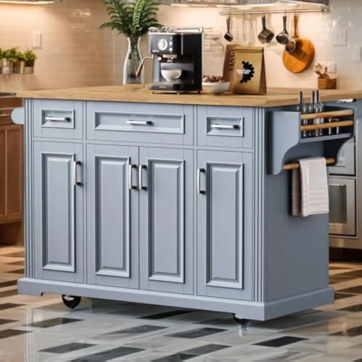 Mobile Kitchen Island With Drop Leaf Countertop, Drawer Storage