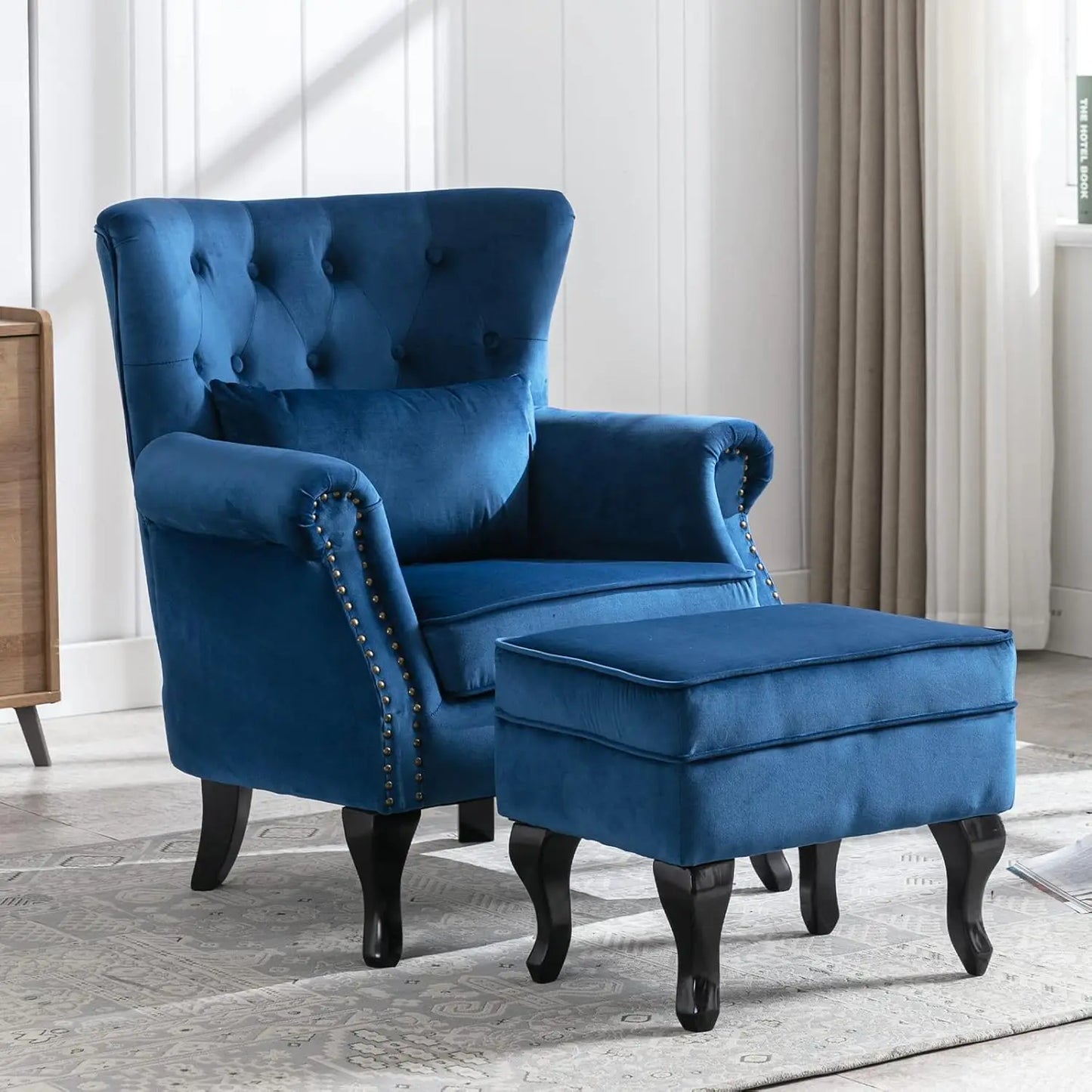 General Chair With Ottoman Wingback Tufted Linen Armchair