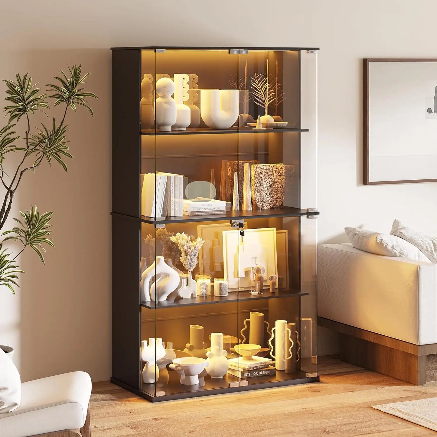 ZHILU Lighted Glass Display Cabinet Four Tier Collectibles