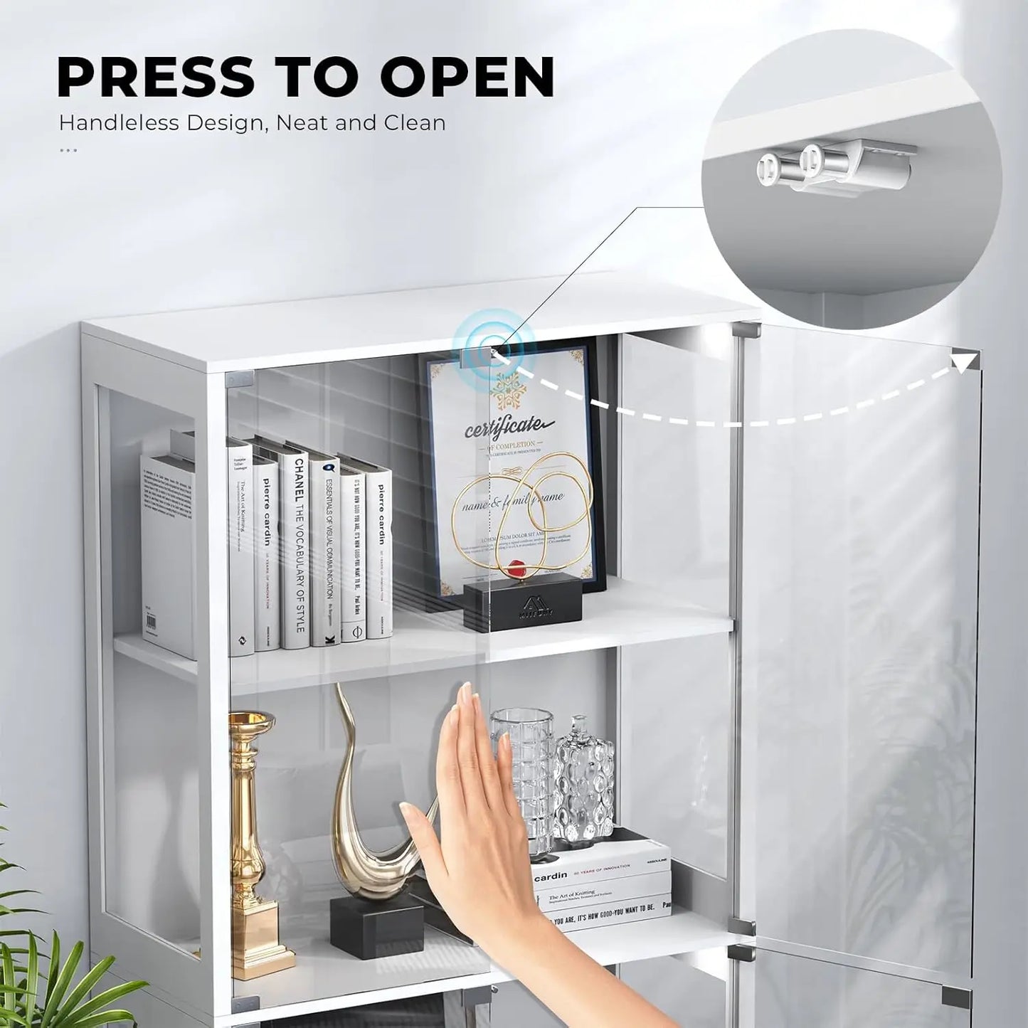 XMSJ Glass Display Cabinet With 4 Tier Curio Shelves And LED Lighting For Collectibles