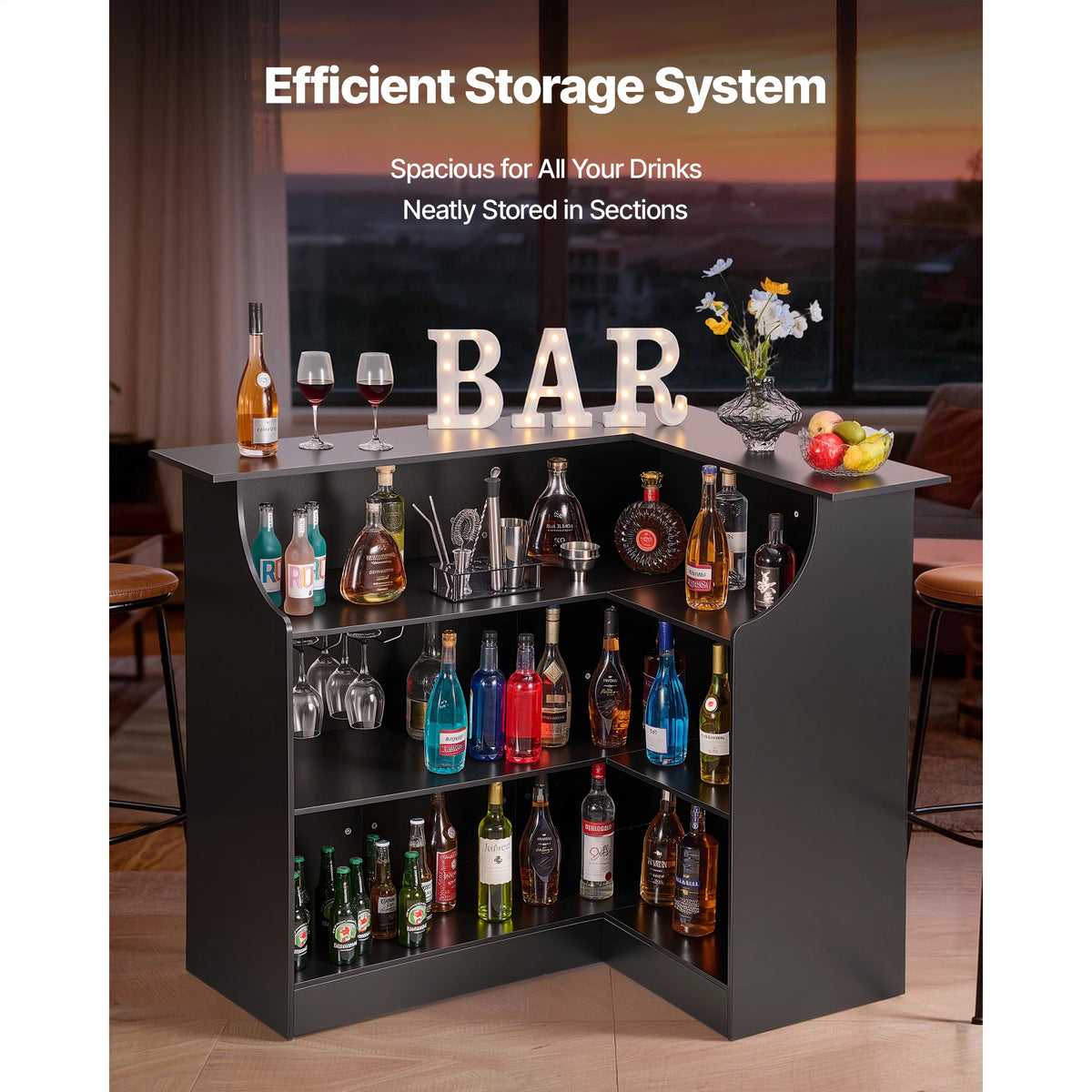 SucceBuy 300 Lbs Black L Shaped Wine Bar Cabinet