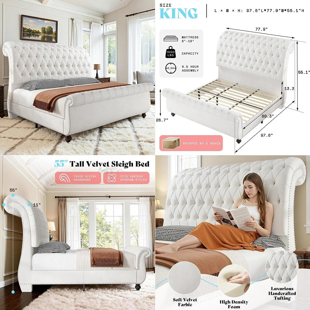 Sleigh Bed Frame With Velvet Upholstery And Tufted Headboard