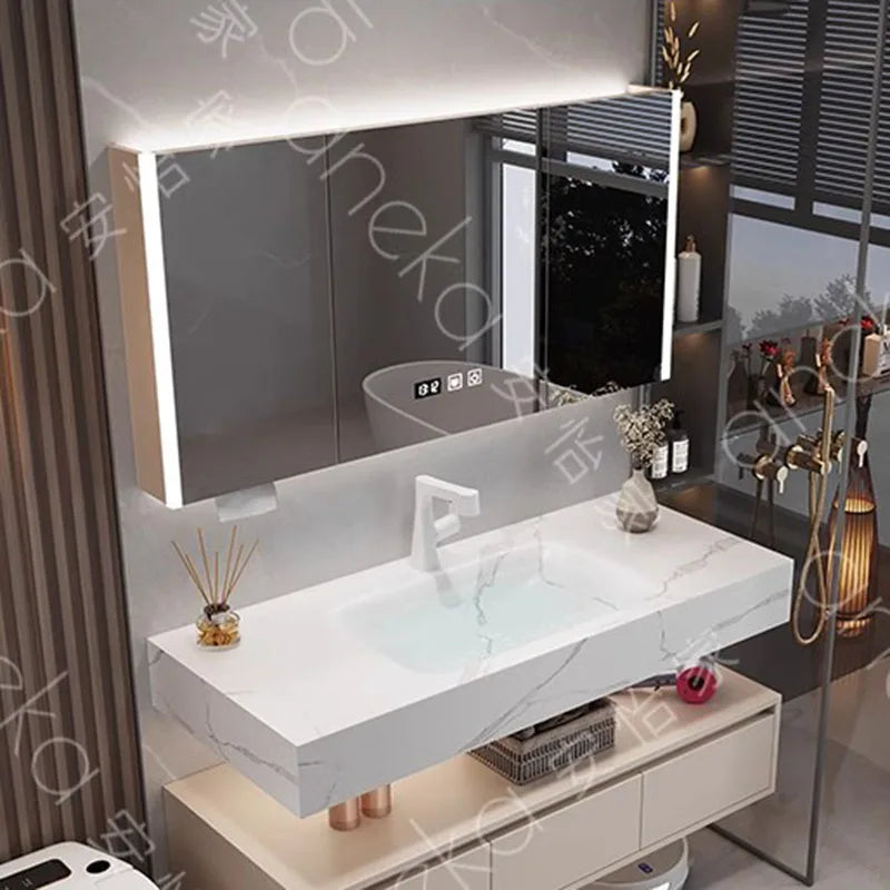 Solid Wood Vintage Bathroom Cabinet with Mirror and Integrated Basin