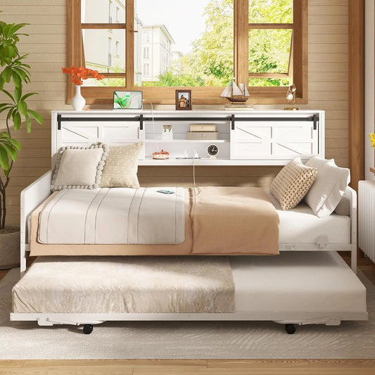 Folded Daybed With Pop Up Trundle And Bookcase Headboard
