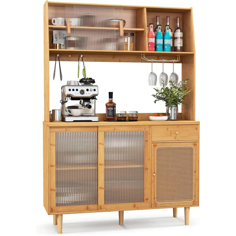 Sturdy Bamboo Pantry Cabinet With Storage And Microwave Stand