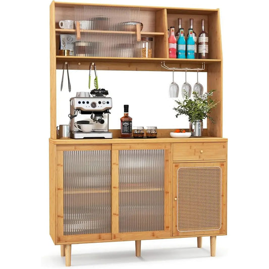 Sturdy Bamboo Pantry Cabinet With Storage And Microwave Stand