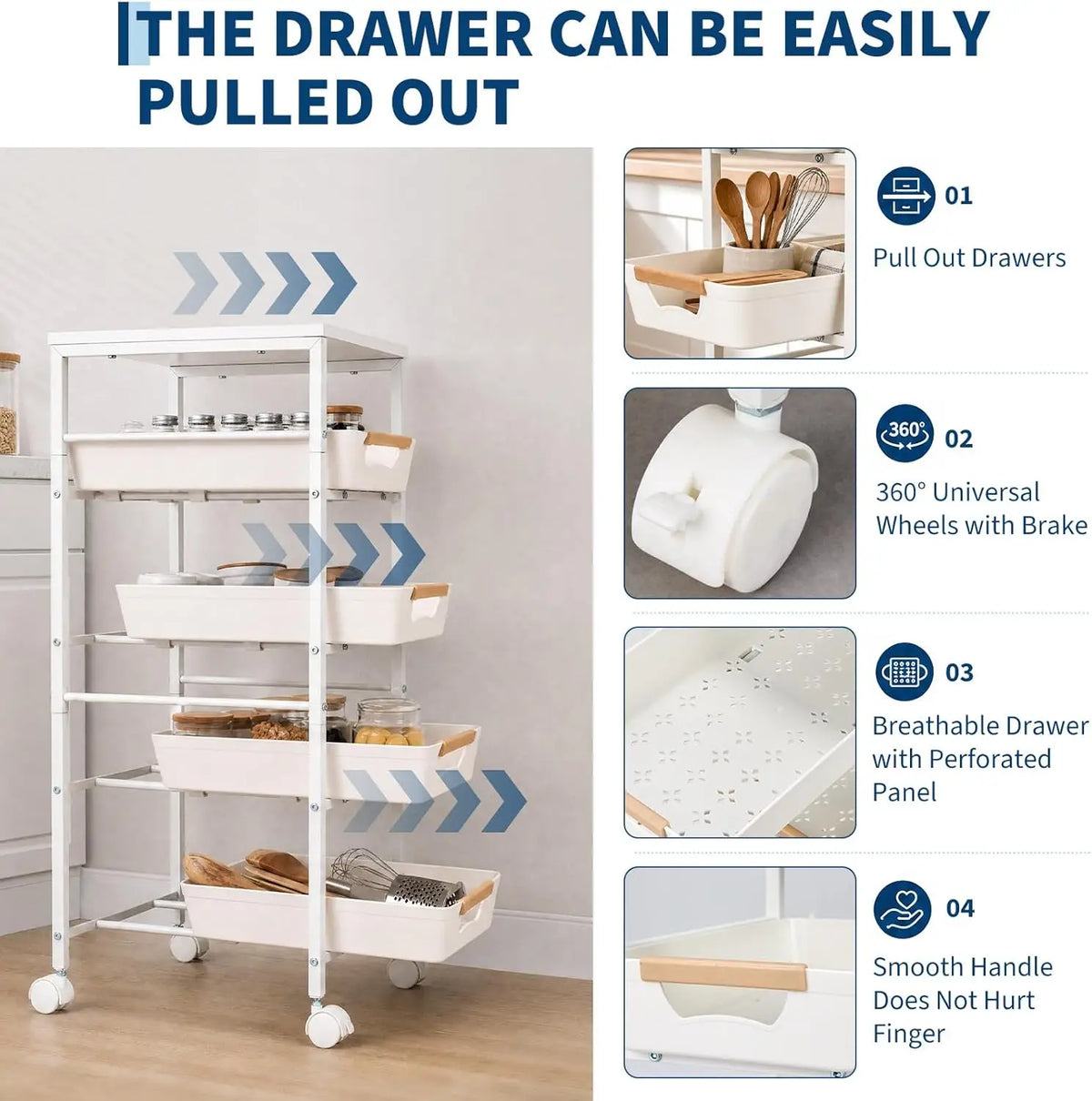 HiMISS Rolling Storage Cart With Wooden Top Pullout Baskets