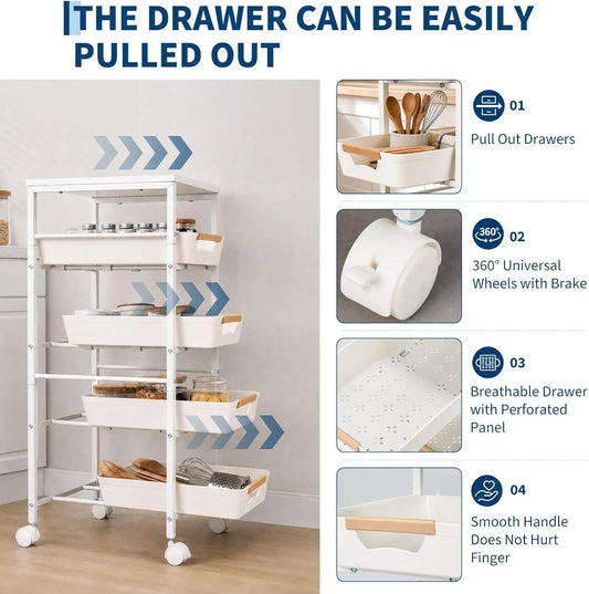 HiMISS Rolling Storage Cart With Wooden Top Pullout Baskets