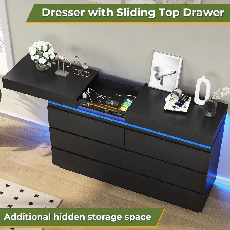 High-concerned Modern 6 Drawer Dresser With Sliding Desktop Charging Station LED Lights