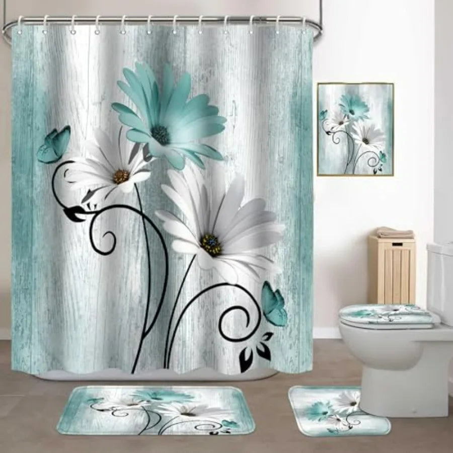 Five Piece Daisy Shower Curtain Set With Luxury Rugs