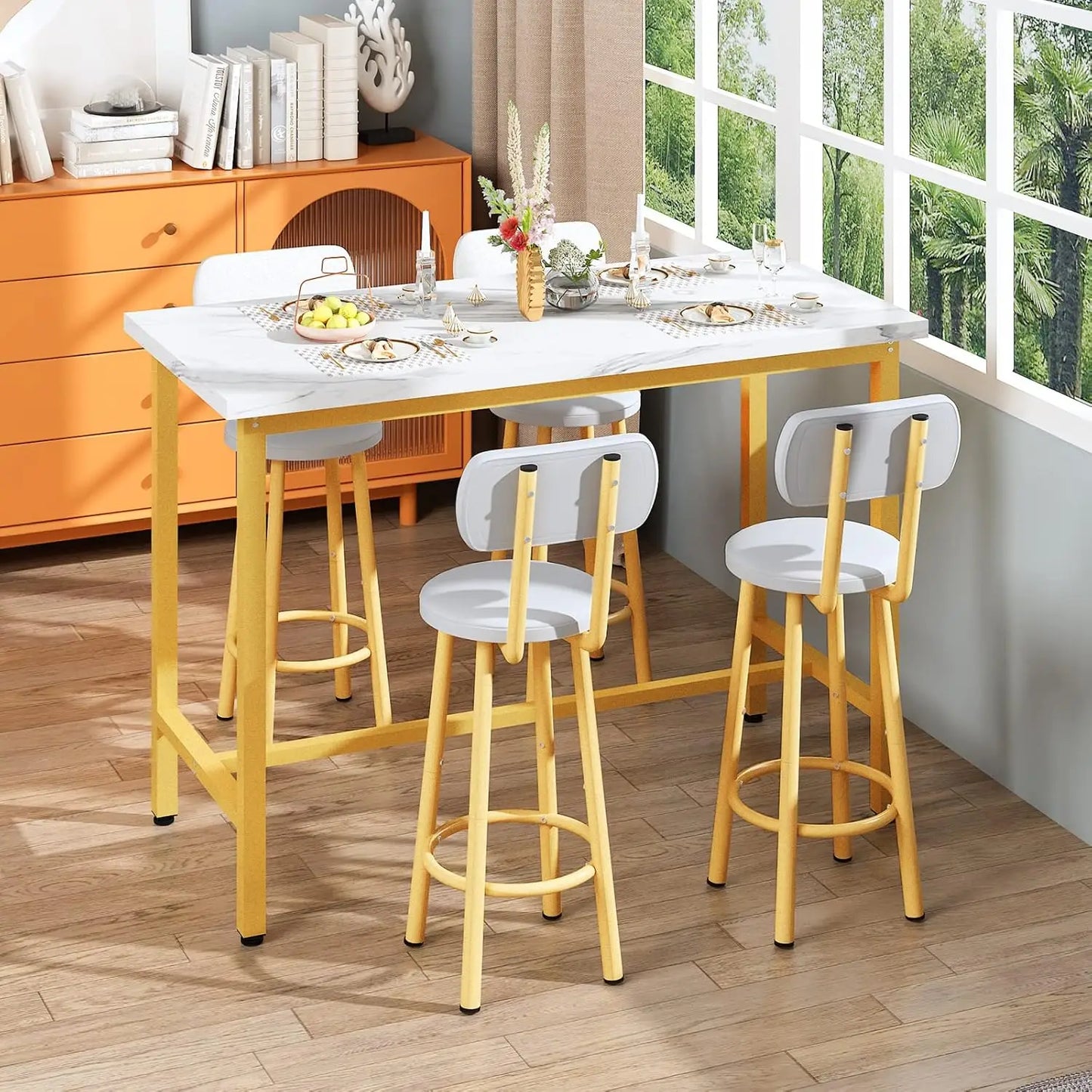 Dining Table Set 43.3 Inch Rectangle Bistro Dining Set with Backrest Stools