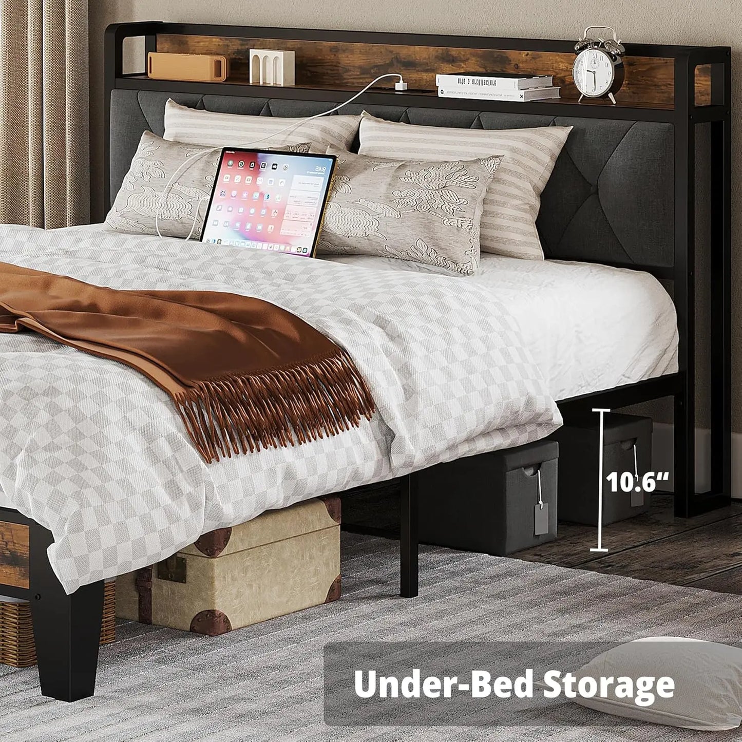 ANCTOR Storage Headboard Bed Frame With Outlets No Box Springs Needed