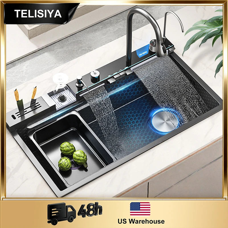TELISIYA 304 Stainless Steel Waterfall Kitchen Sink With Digital Display Faucet