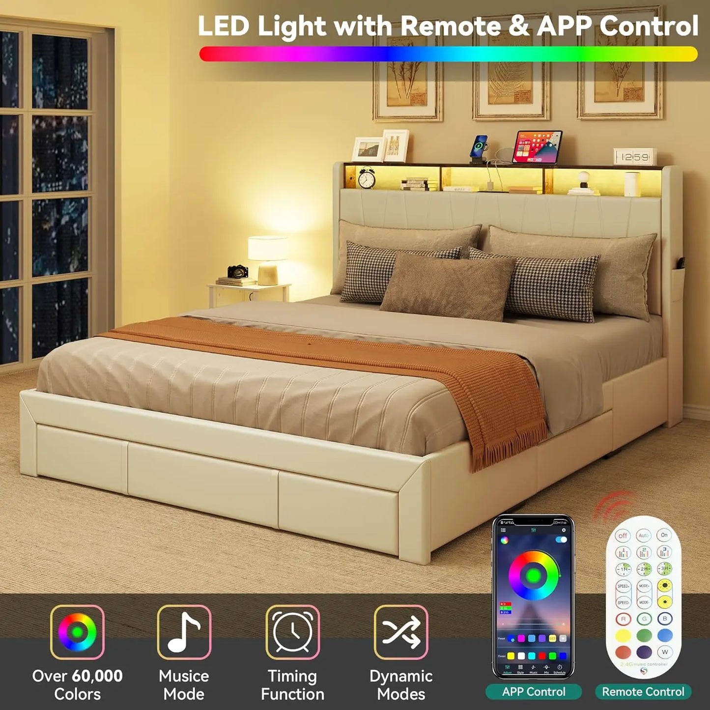 XIAOLANG Platform Bed Frame With Storage Drawers And LED