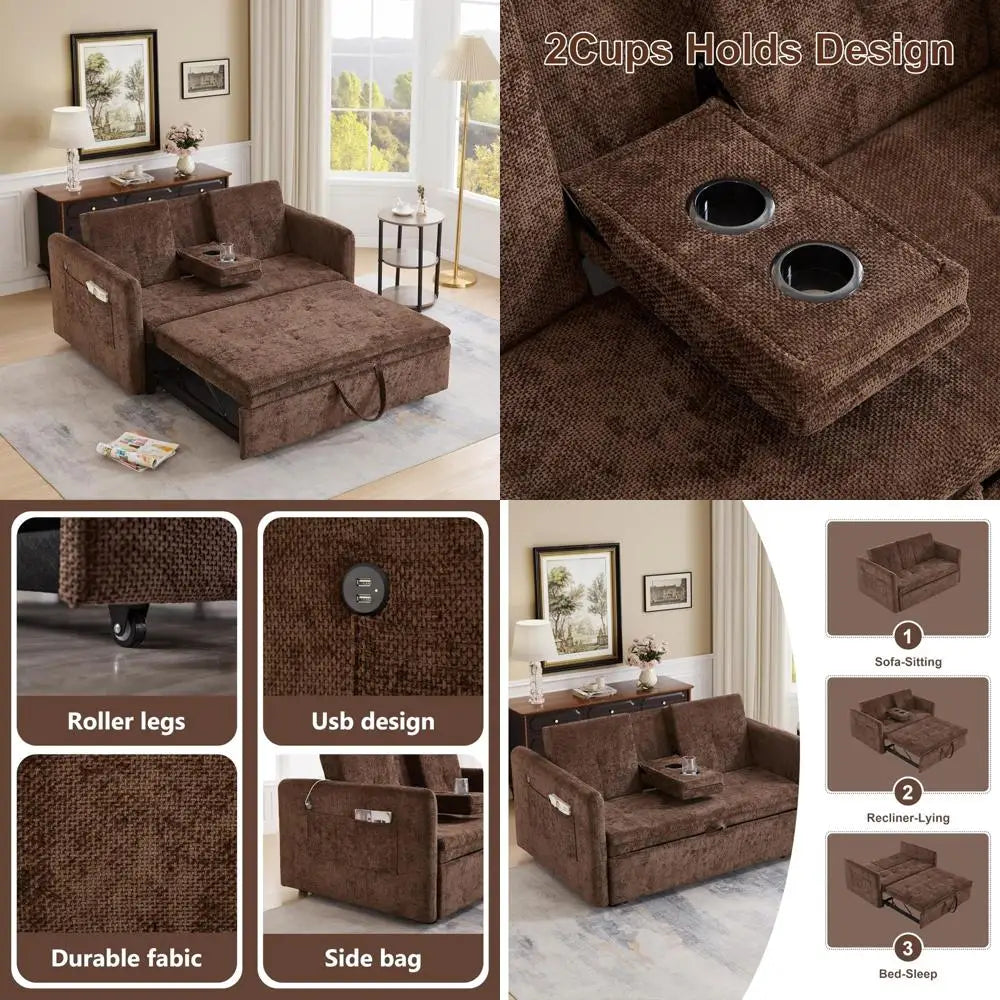 DAFIFY Convertible Sofa Bed With USB Ports And Cup Holders
