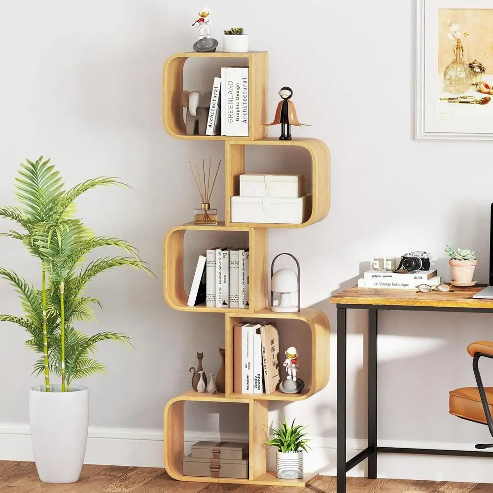 Five Tier Bamboo S Shaped Bookshelf With Open Cubes
