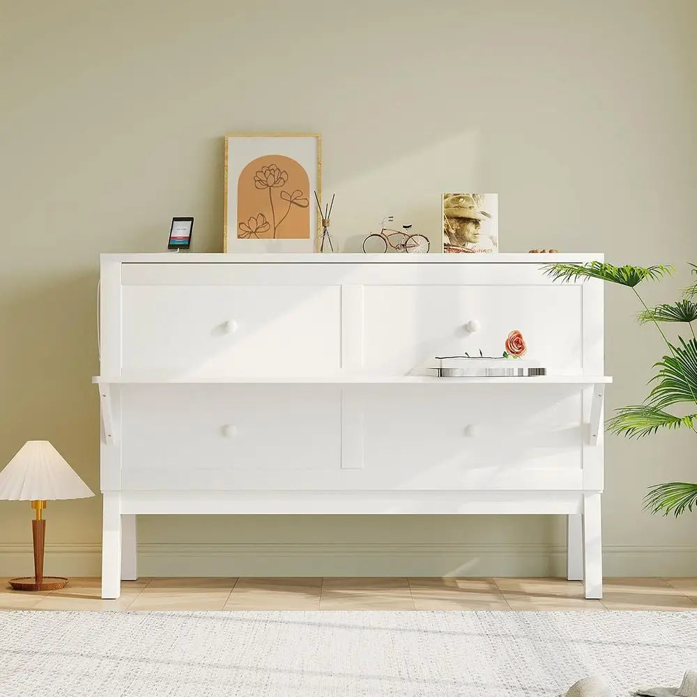 White Queen Murphy Bed With Cabinet And USB Ports