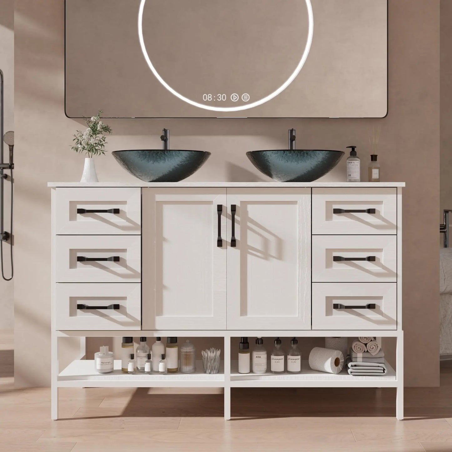 Double Sink Freestanding Bathroom Vanity With Open Shelves