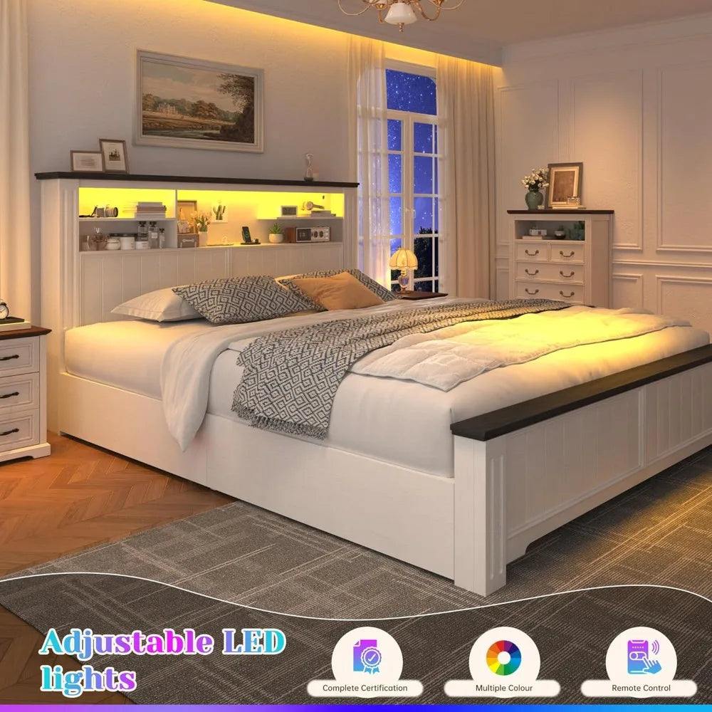 Queen Bed Frame With Storage Headboard LED USB Lighting