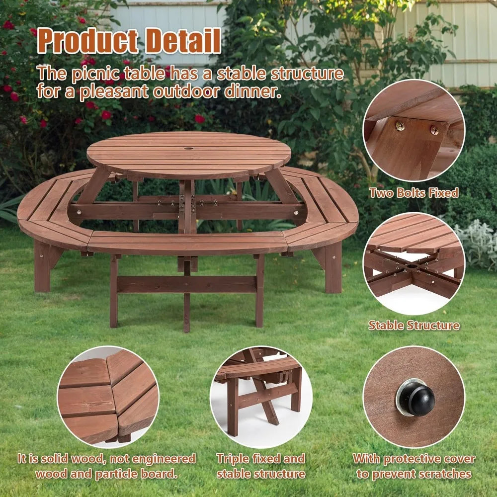 DAFIFY Solid Wood Round Picnic Table And Bench Set