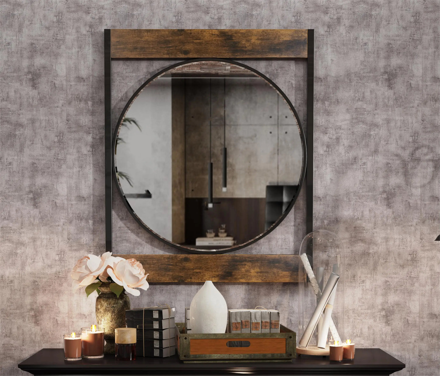 Industrial Metal Wood Frame Wall Mounted Decorative Mirror
