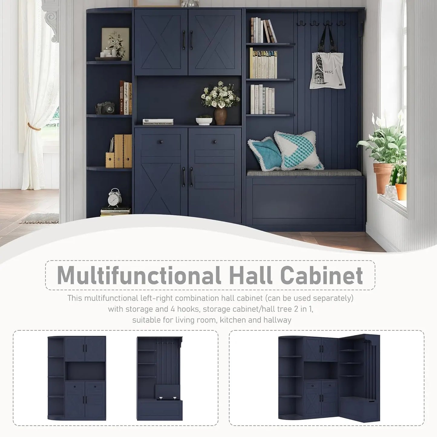 Hall Tree Storage Bench With Hooks And Shoe Organizer Cabinet Mudroom Furniture