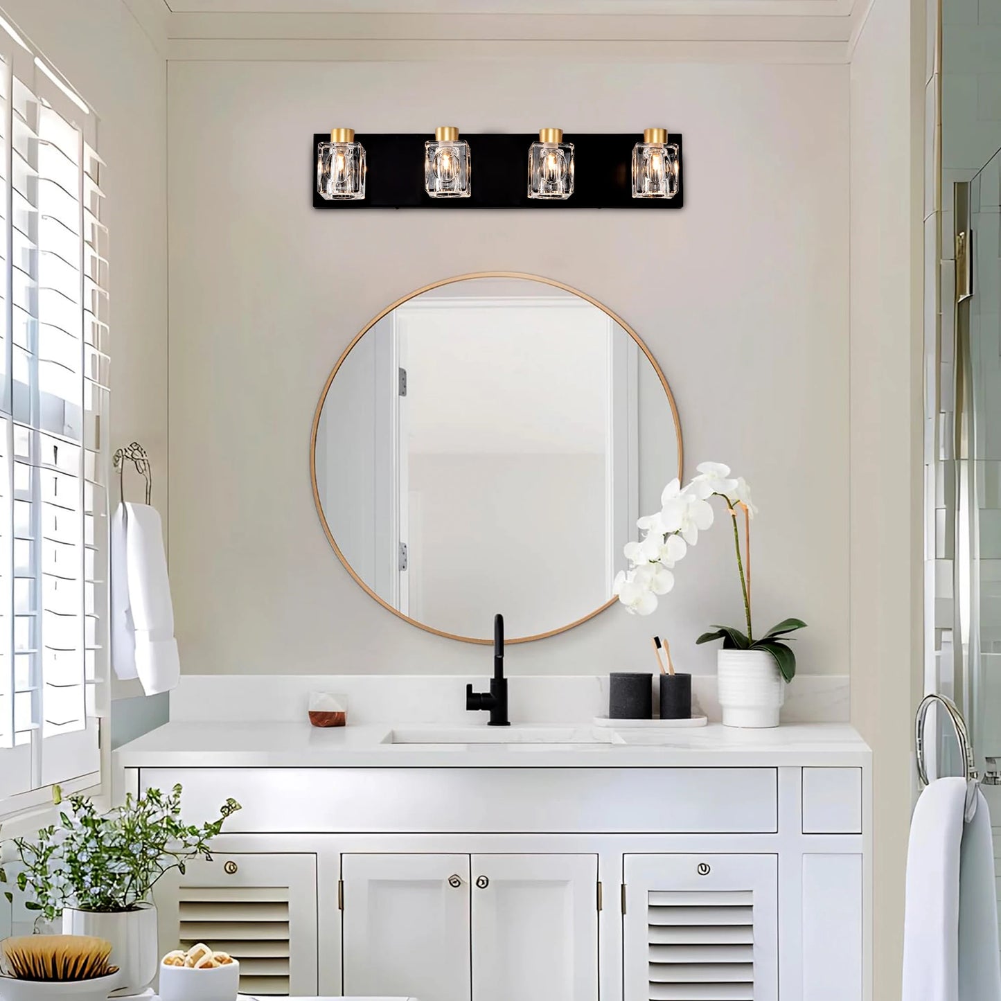 4 Light Matte Black Gold Bathroom Vanity Lights Crystals