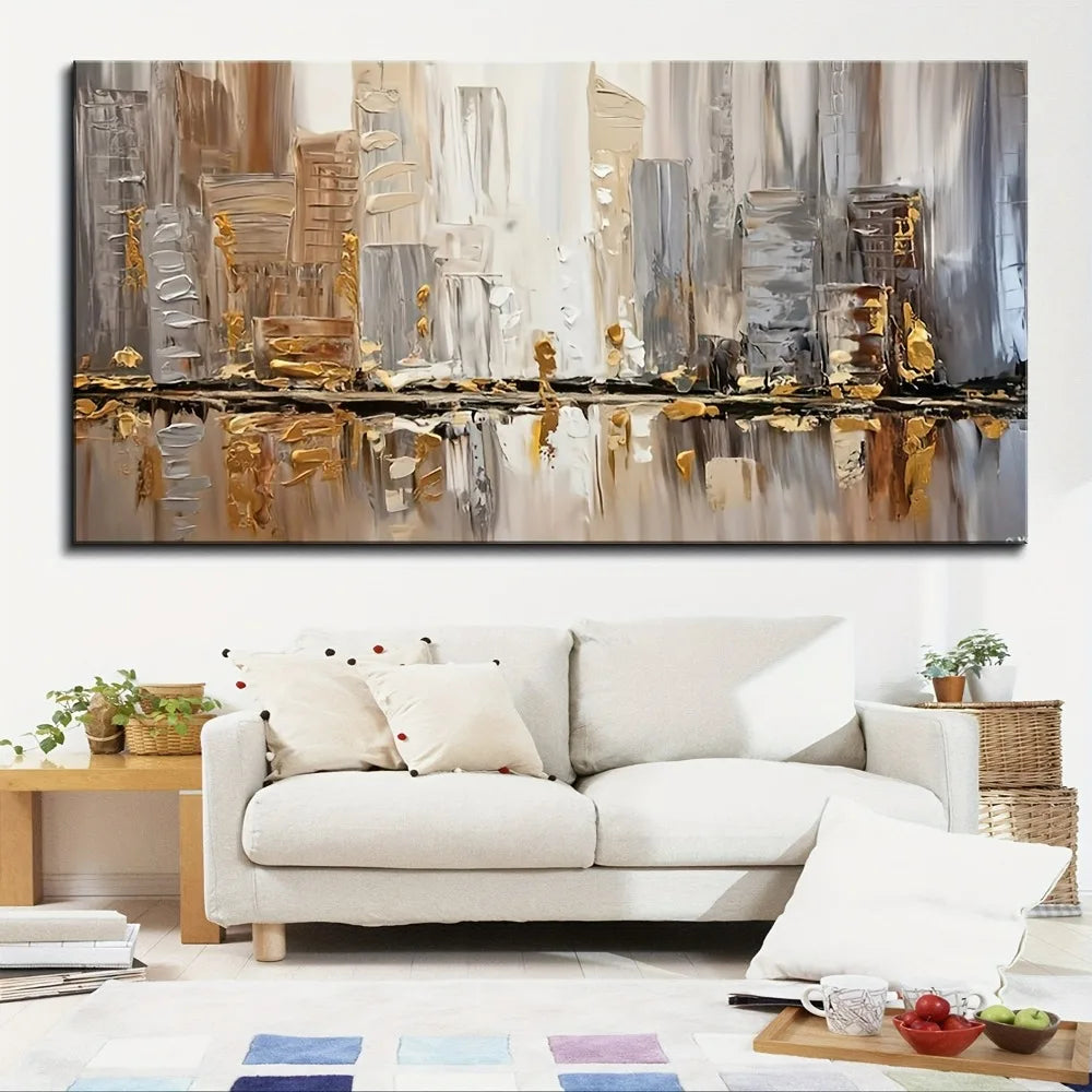 Modern Abstract Oil Painting in Pine Frame with Art Deco Accents