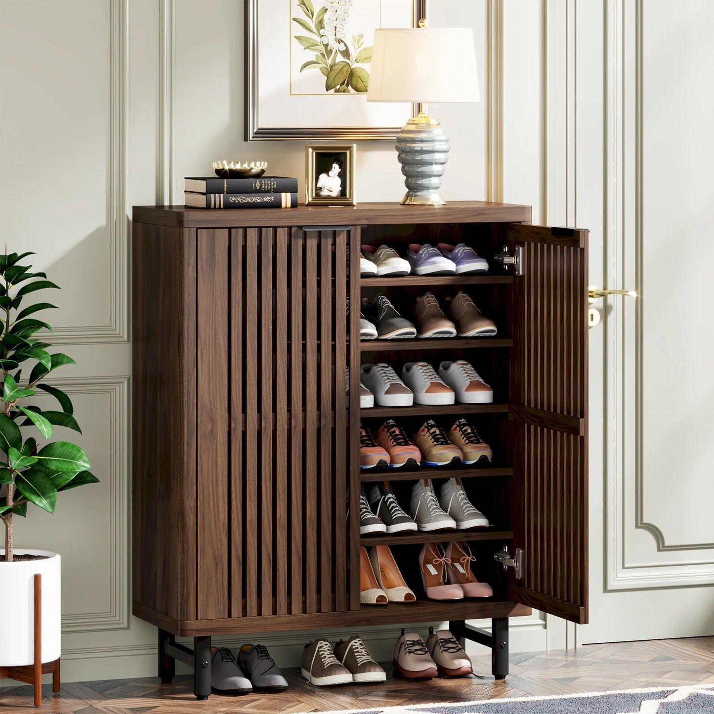 Tribesigns 6-Tier Wooden Shoe Cabinet with Adjustable Shelves and Louvered Doors