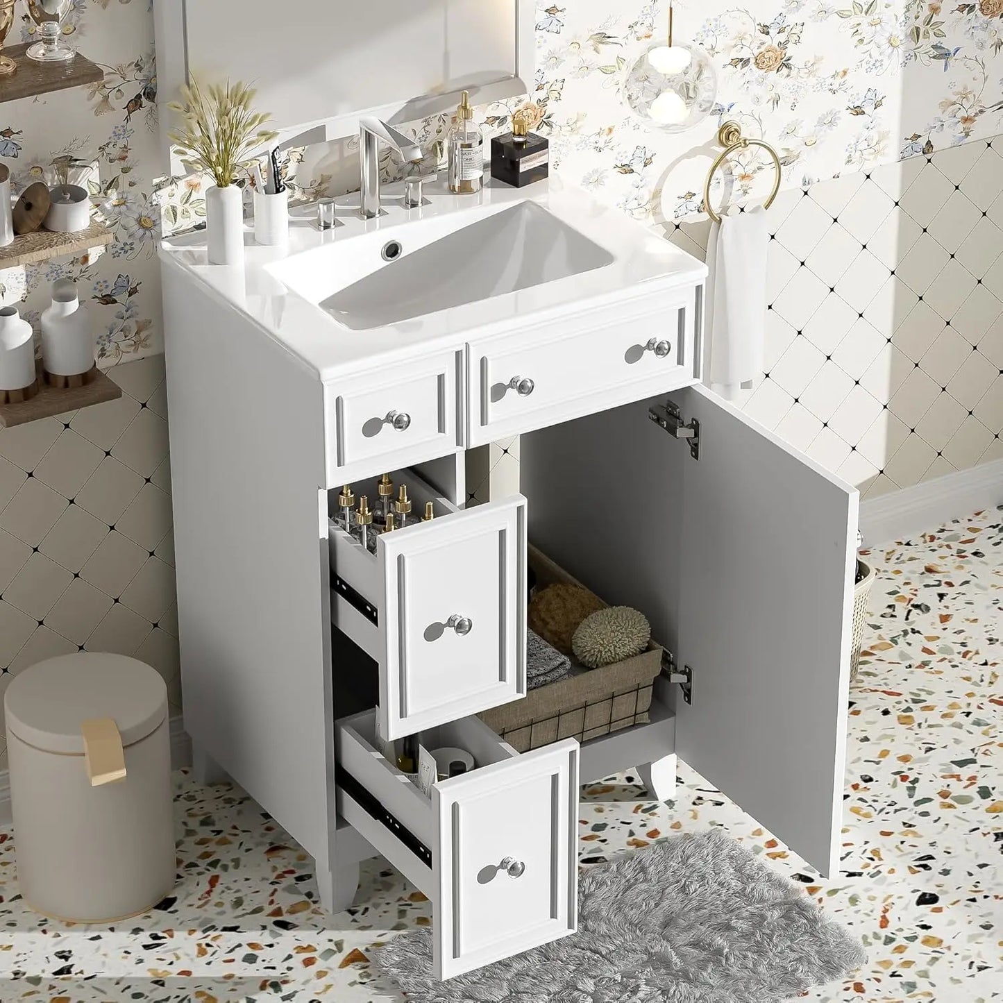 Modern Freestanding Bathroom Vanity With Sink And Gold Handles