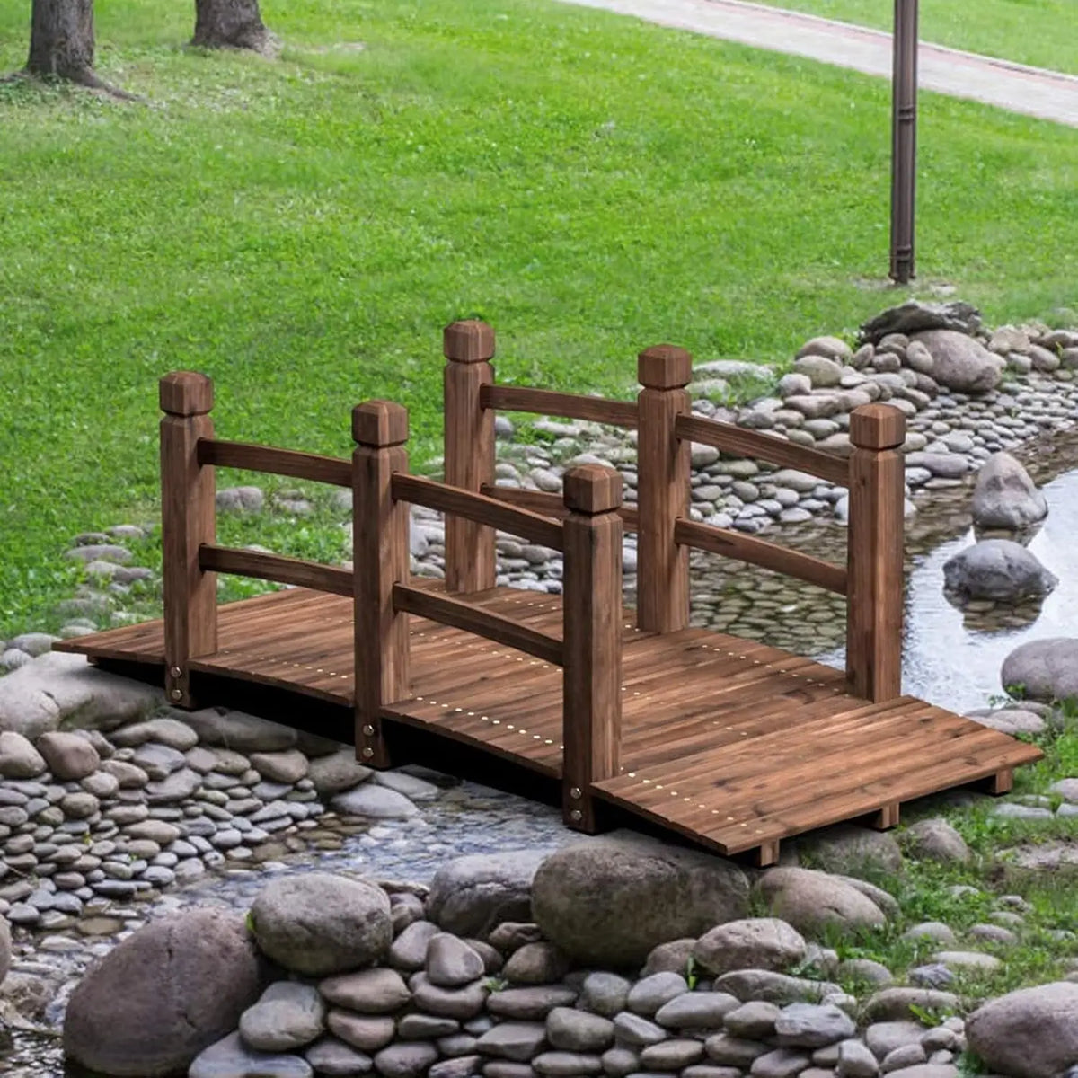 Decorative Wooden Garden Bridge Featuring Sturdy Railings