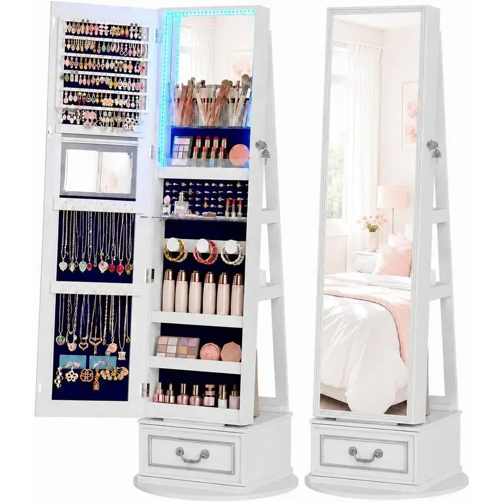360 Degree Swivel Lockable Jewelry Armoire With Led Lights