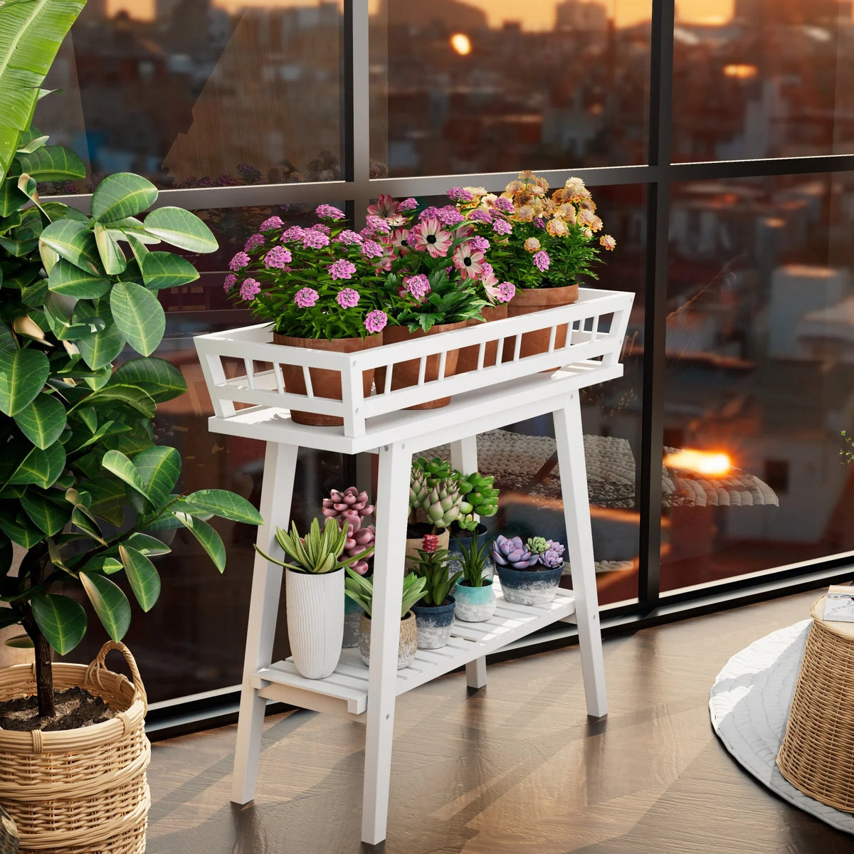 Two Tier Bamboo Plant Stand Shelf Flower Pot Holder