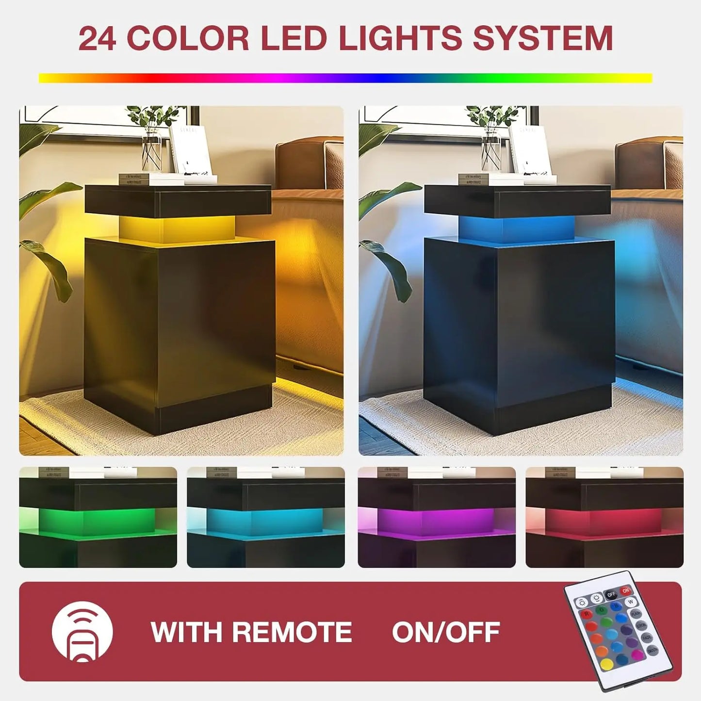 Nightstand Set Of 2 With LED Storage Cabinet Bedroom
