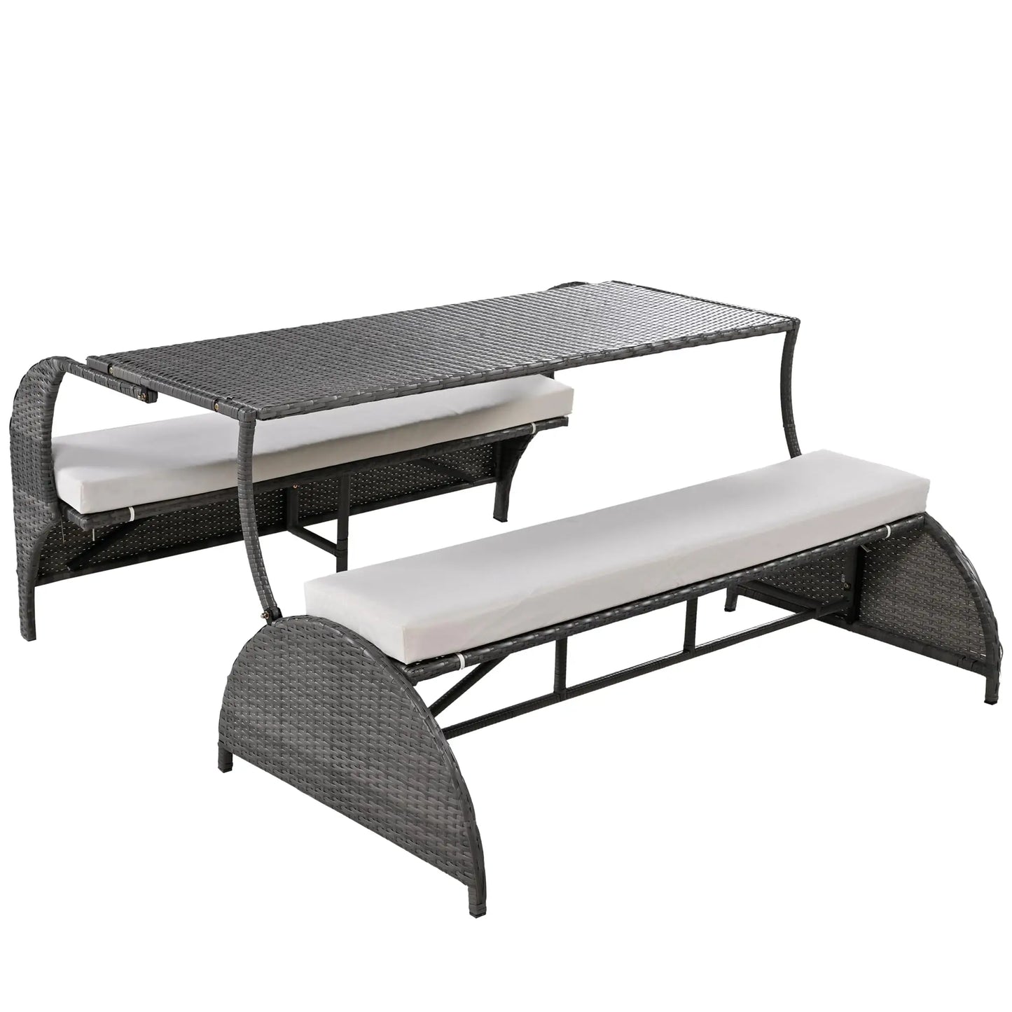 Outdoor Rattan Loveseat Convertible Picnic Bench Table