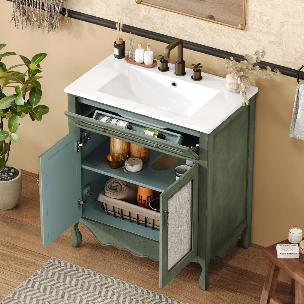 30 Inch Antique Pattern Bathroom Vanity with Rectangle Ceramic Sink