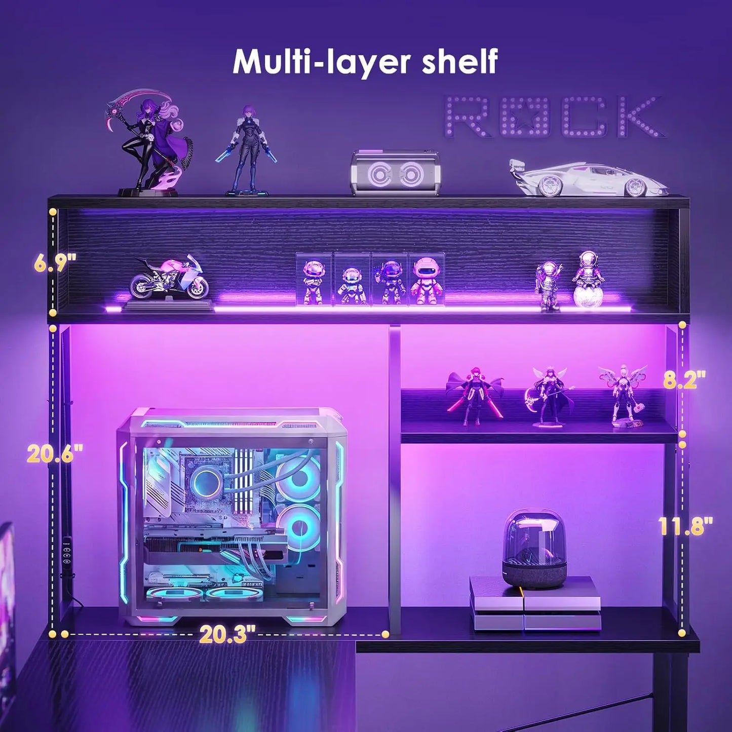 L Shaped Gaming Desk With LED Lights And ShelvingRack
