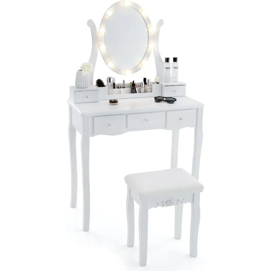 Hign-concerned Vanity Set With 10 Led Bulbs Mirror Stool