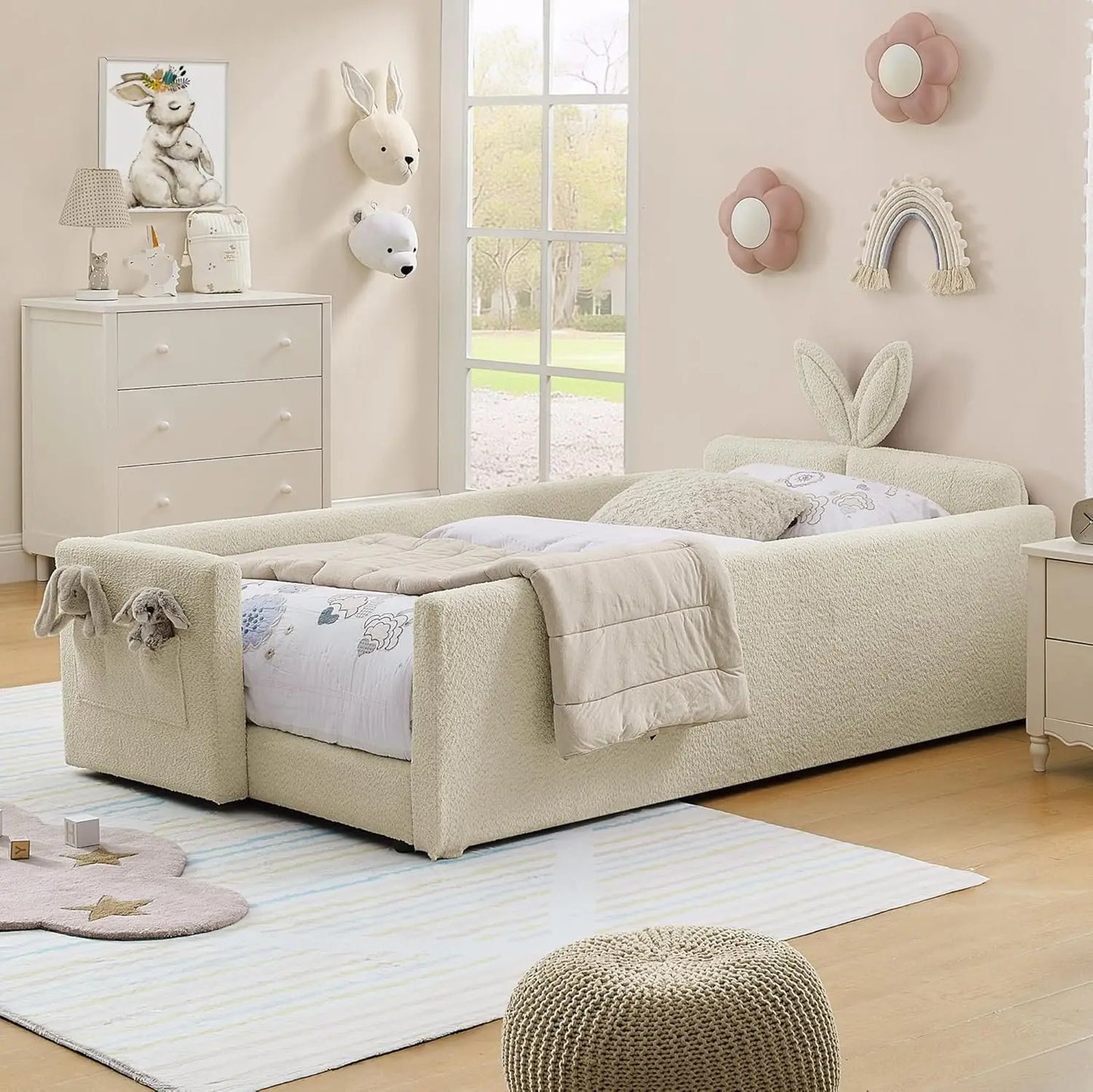 Boucle Upholstered Rabbit Ear Headboard Platform Bed For Kids