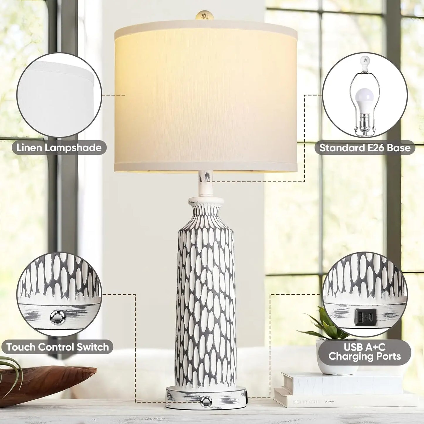 Modern Table Lamps Set Of 2 With USB A C Ports And 3 Way Dimmable Touch Control
