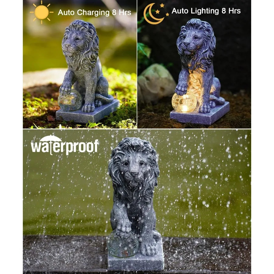 High Concerned Guardian Lion Garden Statue Ball Lights Outdoor