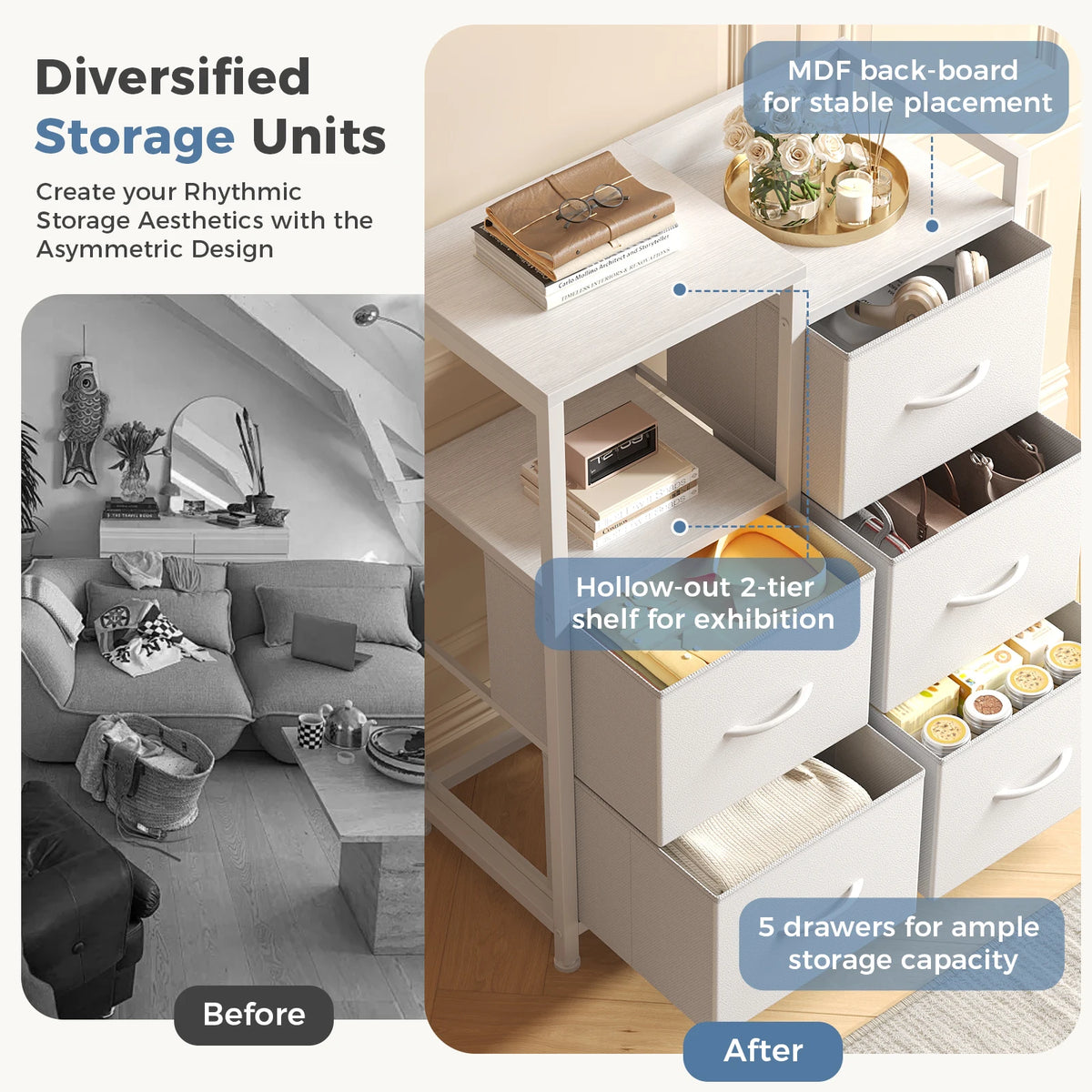 JHK Five Drawer Storage Chest With Raised Shelf Organizer
