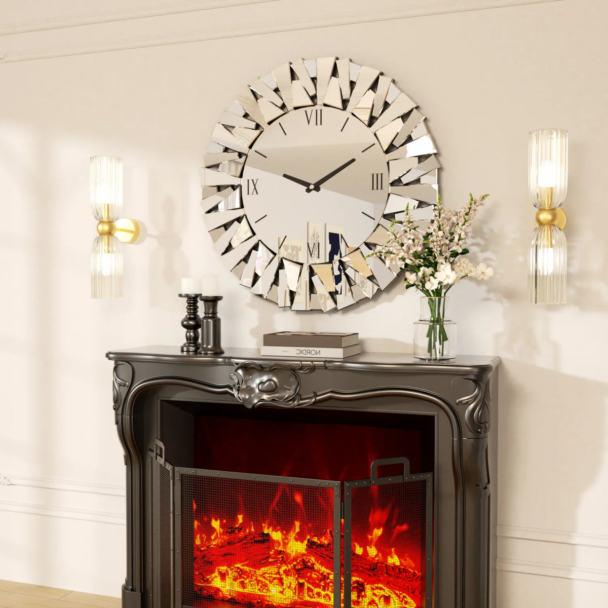 Round Mirrored Wall Clock With Silent Quartz Movement