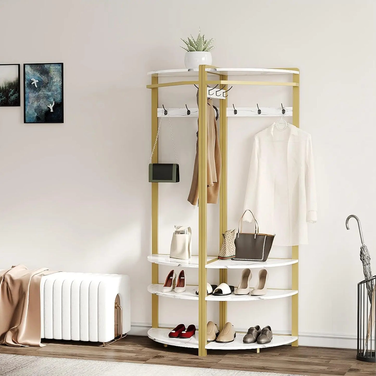 HiMISS Freestanding Coat Rack Stand With 6 Hooks Shelves