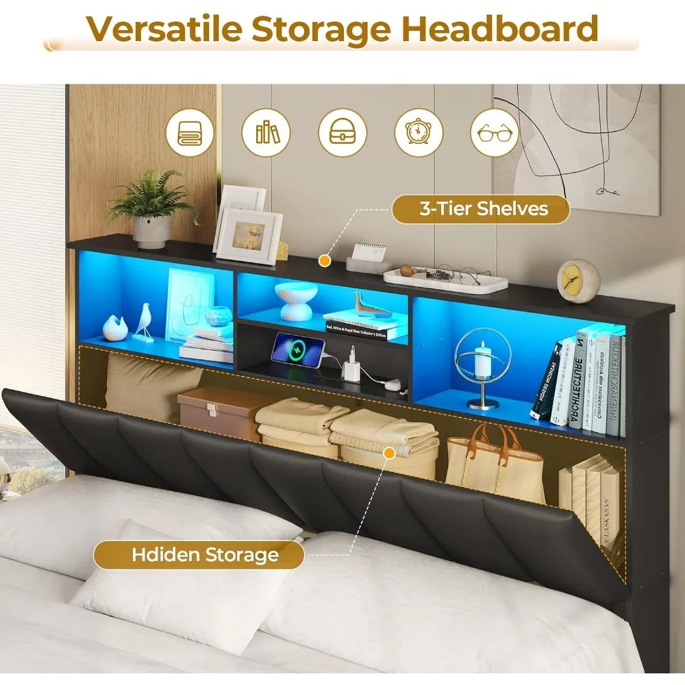 Bed Frame With Bookcase Headboard And Charging Station