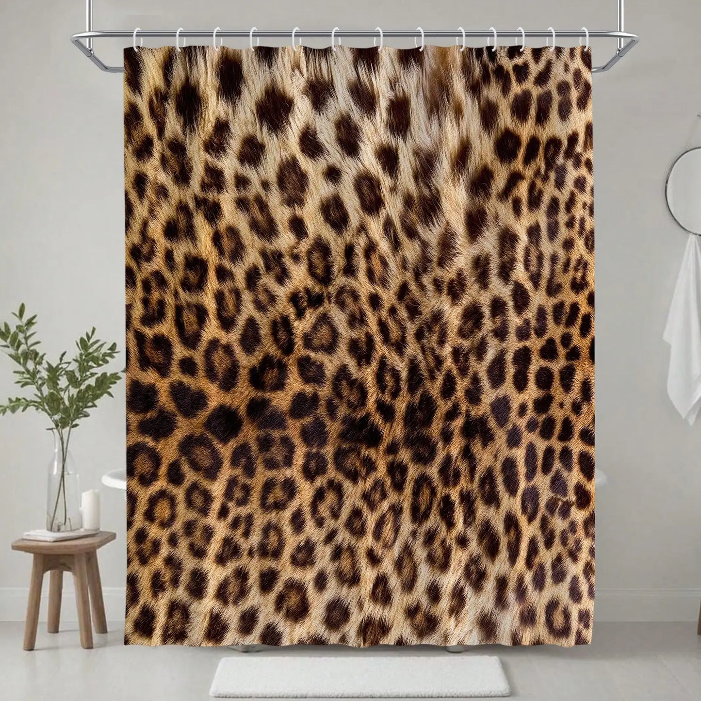 Leopard Pattern Polyester Shower Curtain Set With Bath Accessories