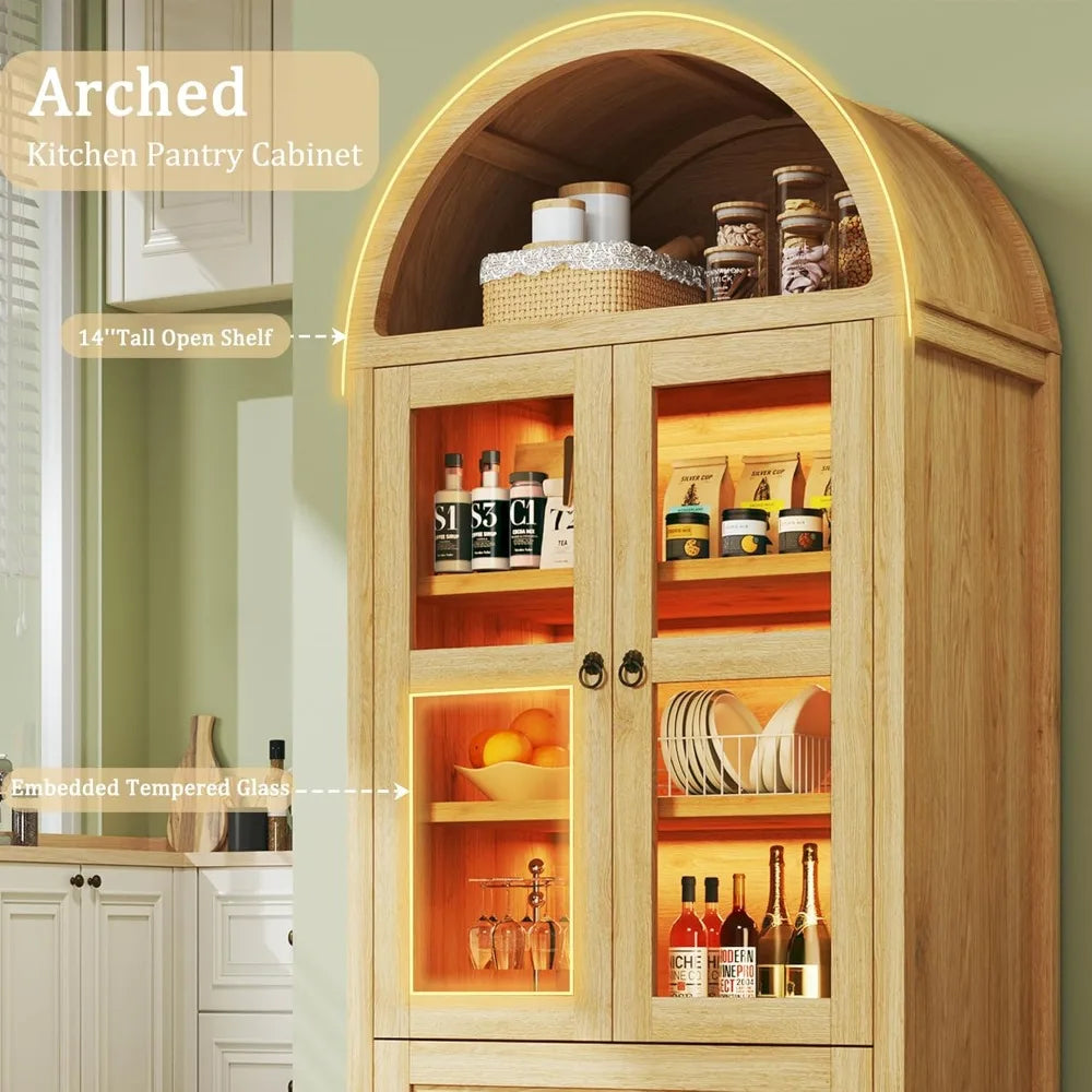71 Inch Tall Pantry Cabinet with LED Lights and Adjustable Shelves for Kitchen